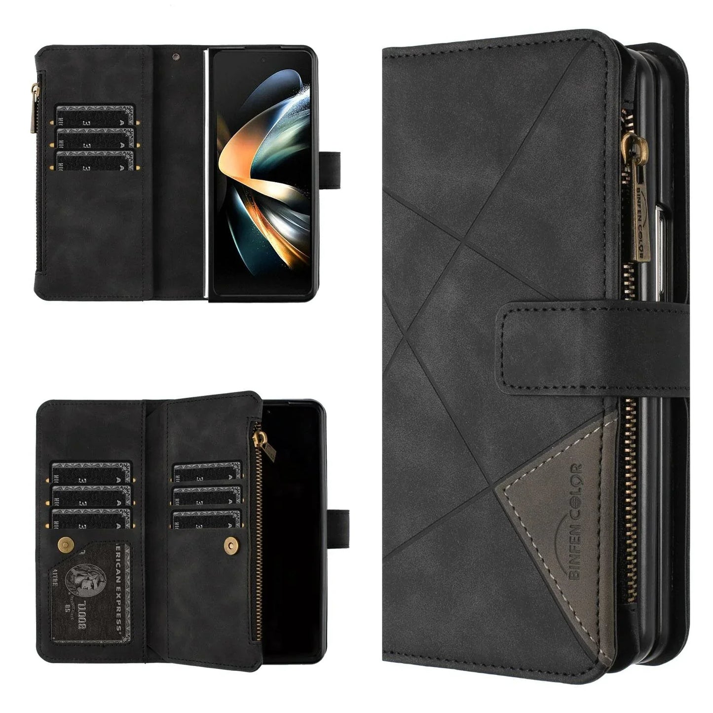 For Samsung Galaxy Z Fold4 5G Leather Zip Wallet With Rhombus Texture - Black - Mekamart Australia