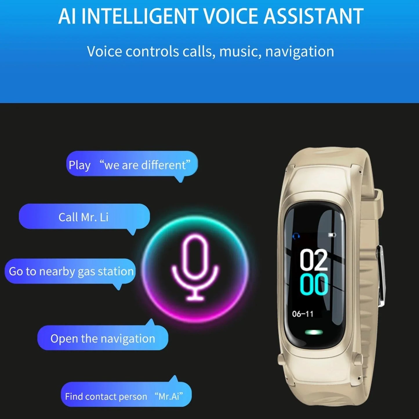 Smart Bracelet With Ai Voice Sleep & Heart Rate Monitoring Call Rejection - Gold - Mekamart Australia