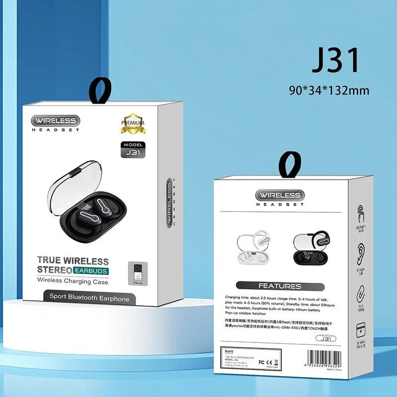 Wireless Stereo Earphones with Charging Case - Hanging Ear Design - White - Mekamart Australia