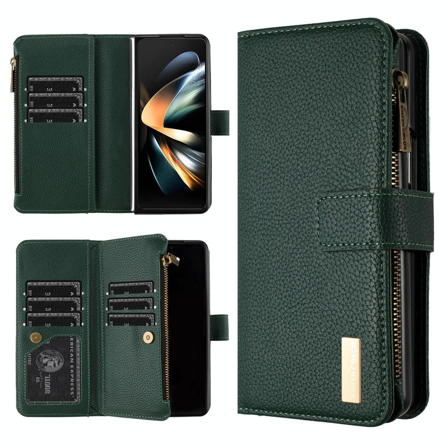 For Samsung Galaxy Z Fold4 5G Litchi Texture Zip Wallet - Green - Mekamart Australia