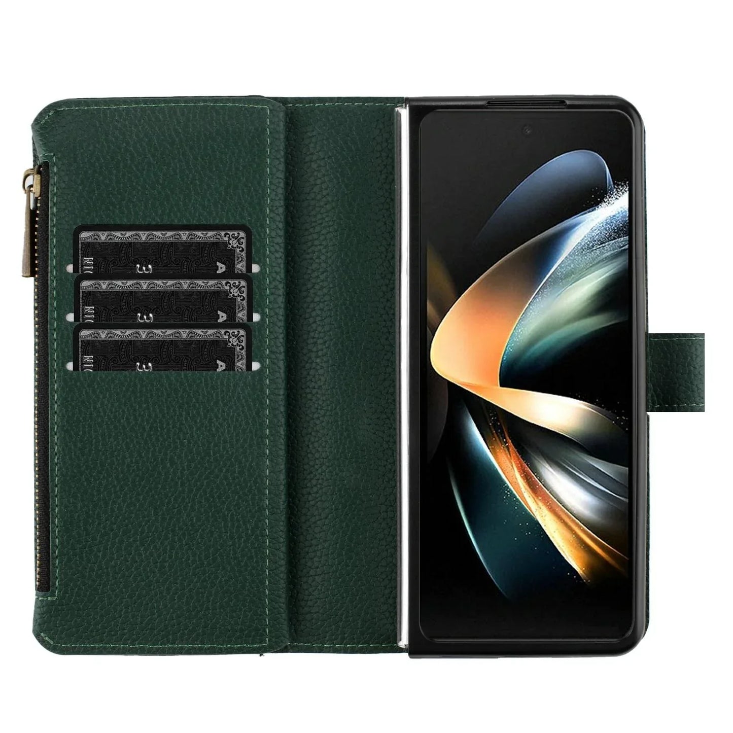 For Samsung Galaxy Z Fold4 5G Litchi Texture Zip Wallet - Green - Mekamart Australia