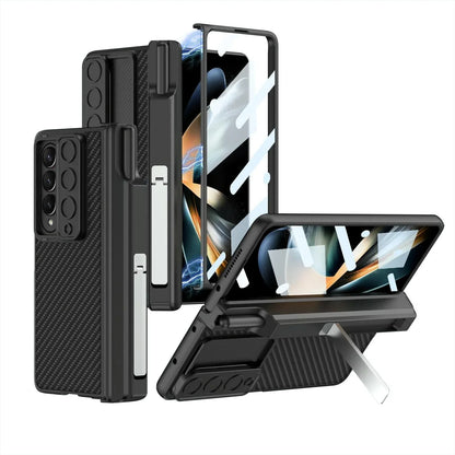 For Samsung Galaxy Z Fold4 5G Magnetic Leather Flip Case With Holder - Carbon Fiber - Mekamart Australia
