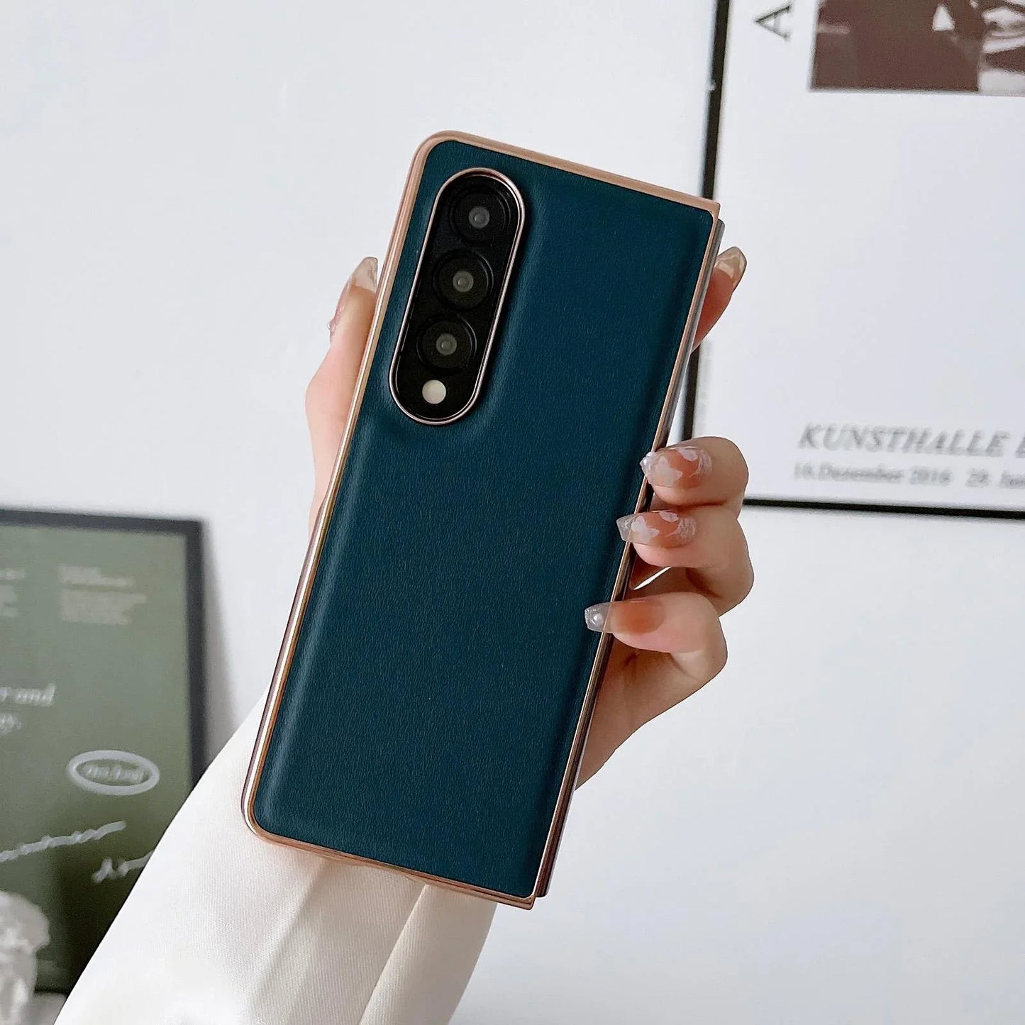 For Samsung Galaxy Z Fold4 5G Xiaoya Series Genuine Leather Plating Case - Dark Green - Mekamart Australia