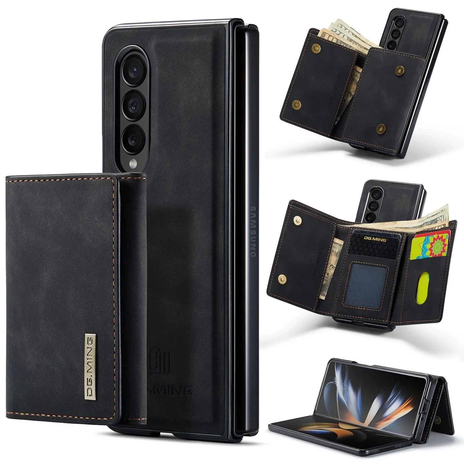 For Samsung Galaxy Z Fold4 5G Wallet Case - 3 Fold Multi Card Holder - Black - Mekamart Australia