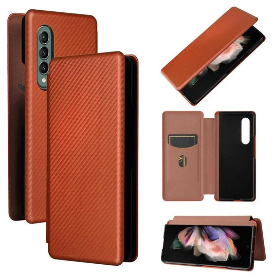 For Samsung Galaxy Z Fold4 5G Carbon Fiber Flip Leather Case - Brown - Mekamart Australia