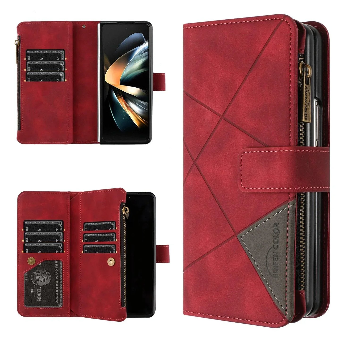 For Samsung Galaxy Z Fold4 5G Leather Zip Wallet With Rhombus Texture - Red - Mekamart Australia