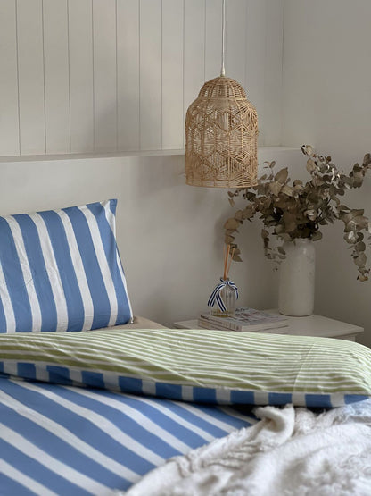 100% Cotton Duvet Quilt Cover Set w/ 2 Pillow Cases in Reversible Blue/Green/White Stripe - King