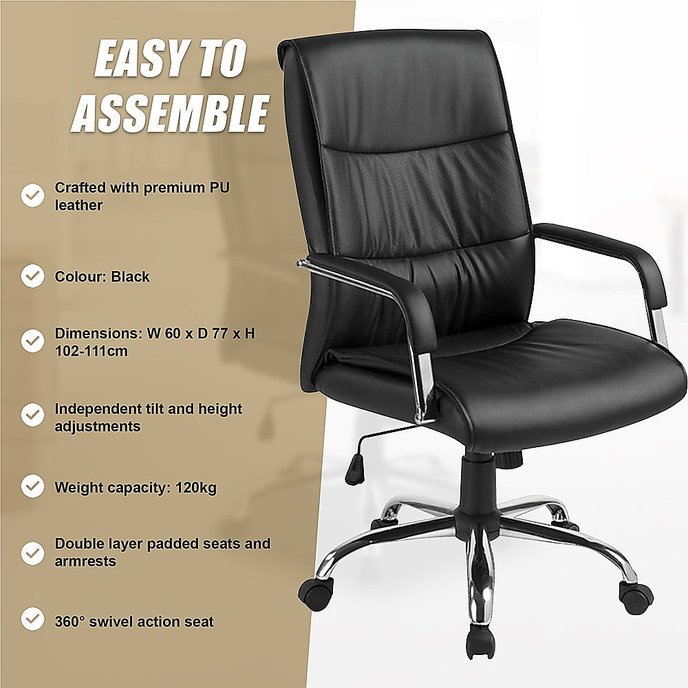 PU Leather Office Chair – Ergonomic Executive Swivel Desk Chair with Padded Seat in Black