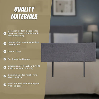 Linen Fabric Queen Bed Headboard Bedhead - Grey