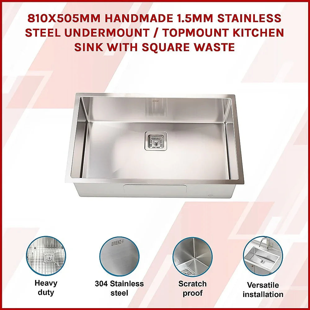 810x505mm Handmade 1.5mm Stainless Steel Undermount / Topmount Kitchen Sink with Square Waste - Mekamart Australia