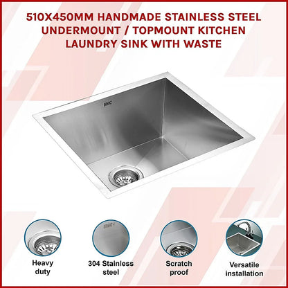 510x450mm Handmade Stainless Steel Undermount / Topmount Kitchen Laundry Sink with Waste - Mekamart Australia