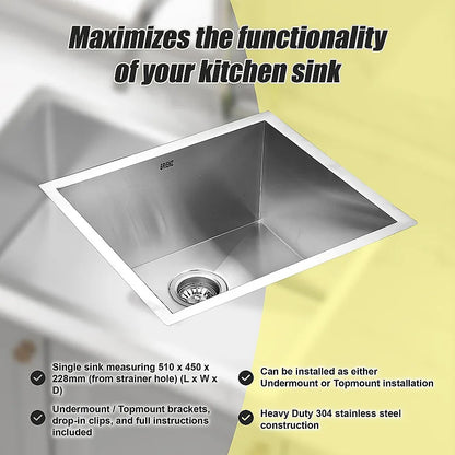 510x450mm Handmade Stainless Steel Undermount / Topmount Kitchen Laundry Sink with Waste - Mekamart Australia