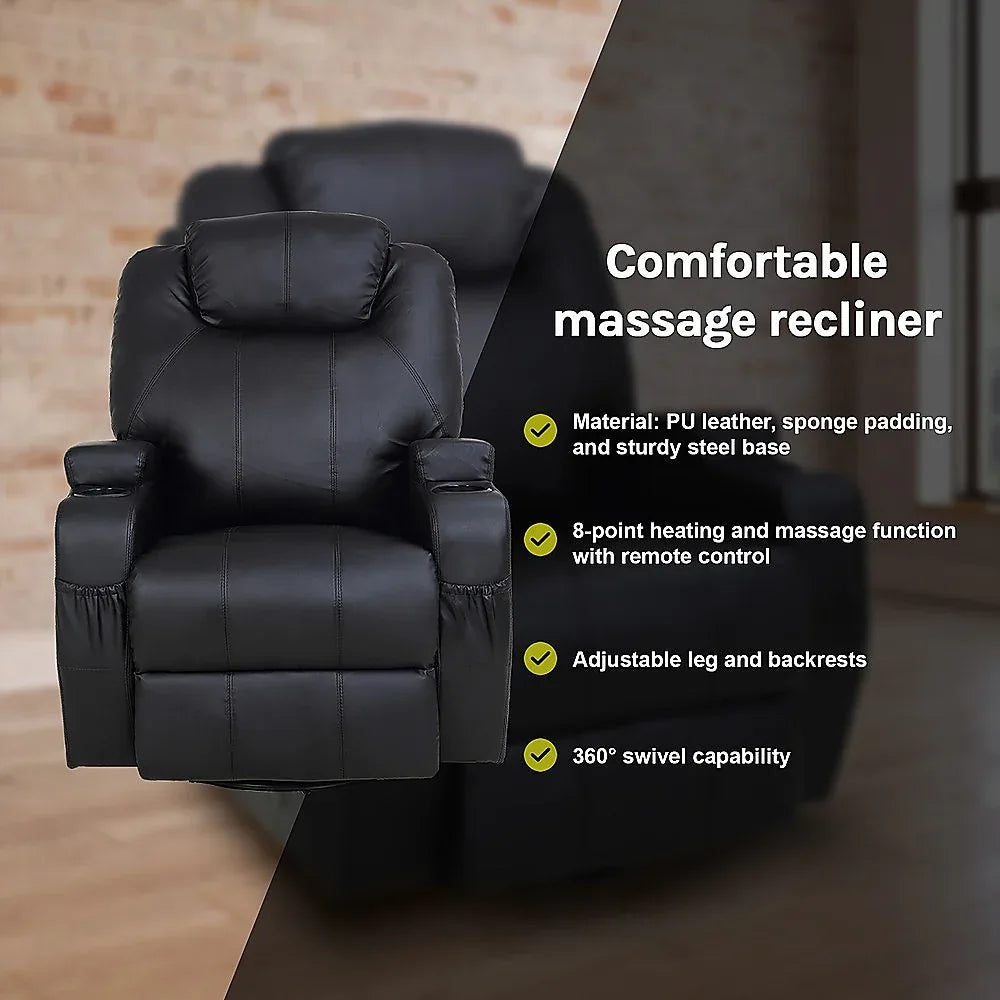 Black Massage Sofa Chair Recliner 360 Degree Swivel PU Leather Lounge 8 Point Heated