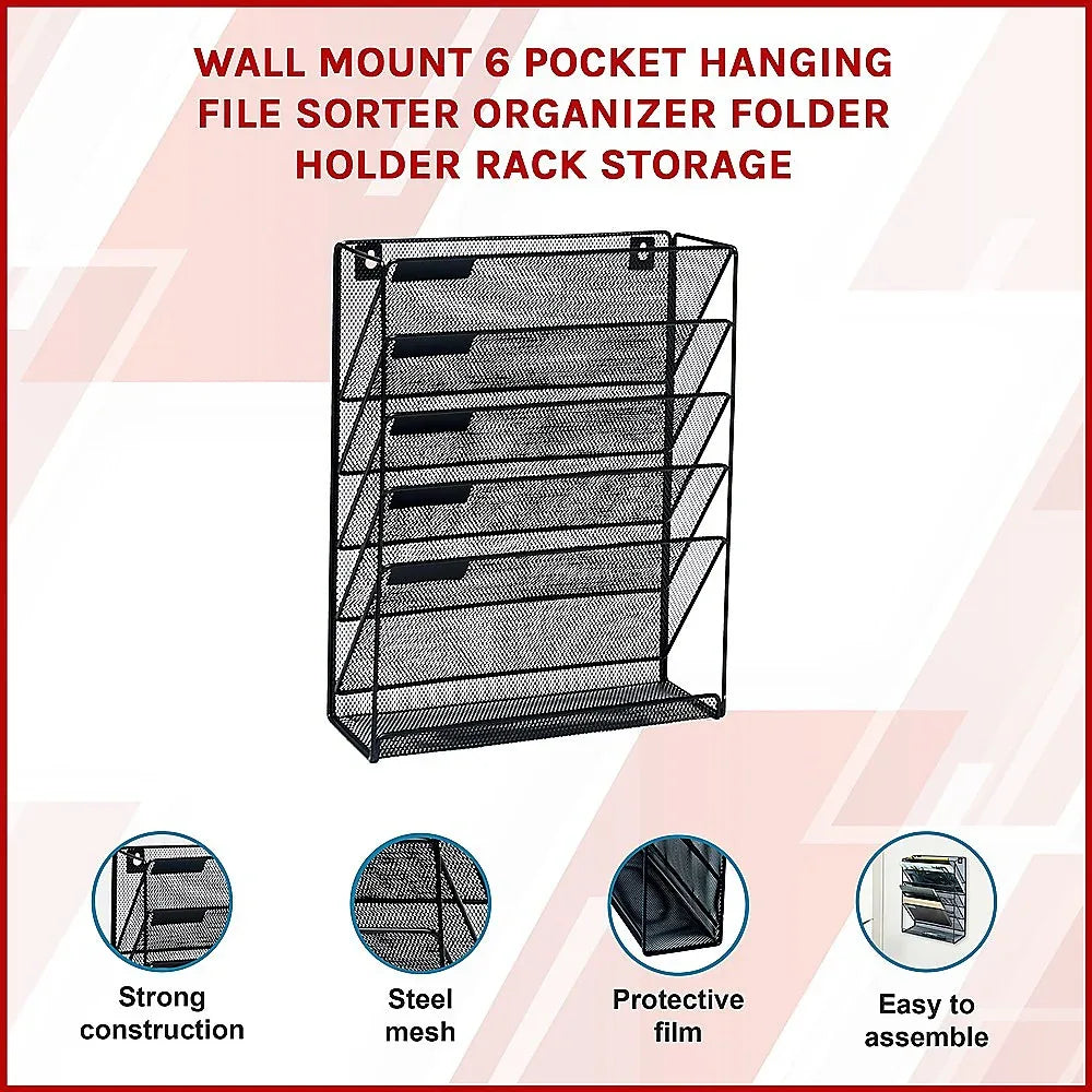 Wall Mount 6 Pocket Hanging File Sorter Organizer Folder Holder Rack Storage - Mekamart Australia