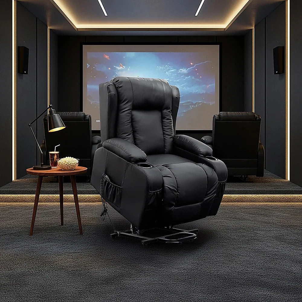 Recliner Chair – Electric Massage Lift Chair with Heat Function PU Leather Lounge Sofa Black - Mekamart Australia