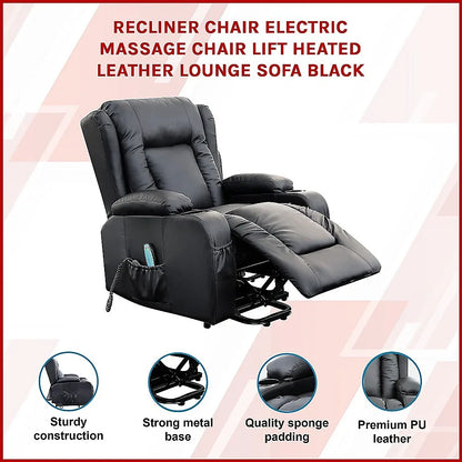 Recliner Chair – Electric Massage Lift Chair with Heat Function PU Leather Lounge Sofa Black - Mekamart Australia