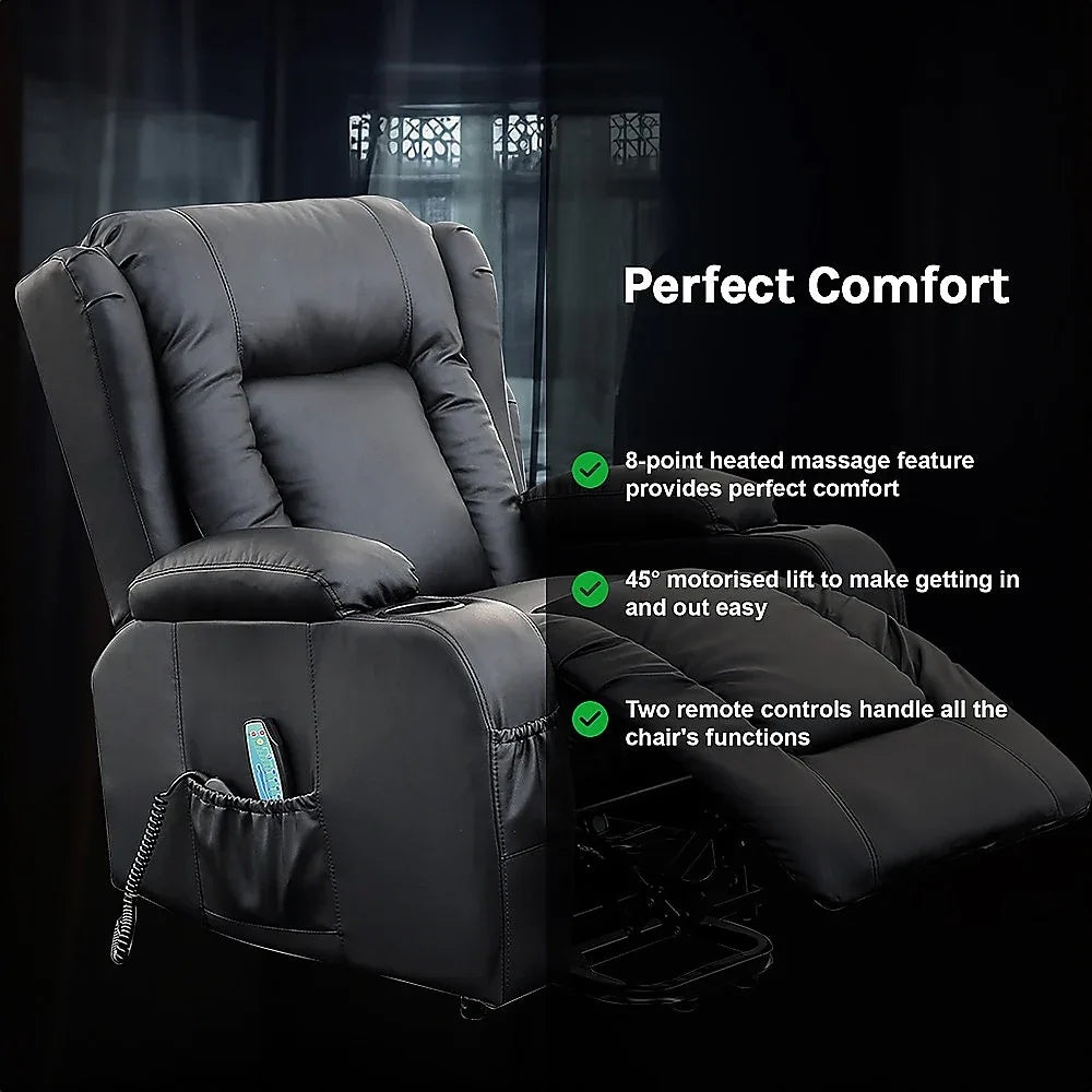 Recliner Chair – Electric Massage Lift Chair with Heat Function PU Leather Lounge Sofa Black - Mekamart Australia