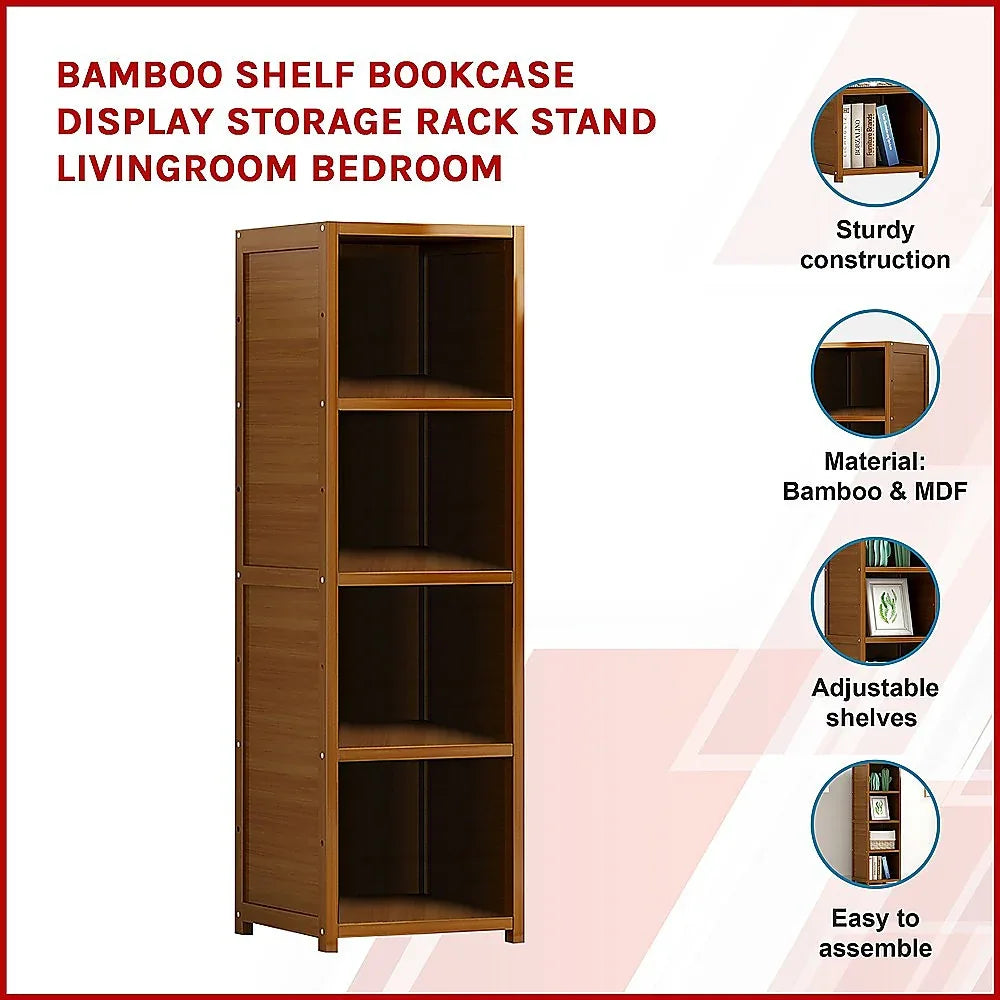 Bamboo 4-Shelf Bookcase – Adjustable Display Storage Rack Stand for Living Room, Bedroom, Office or Home Organisation - Mekamart Australia