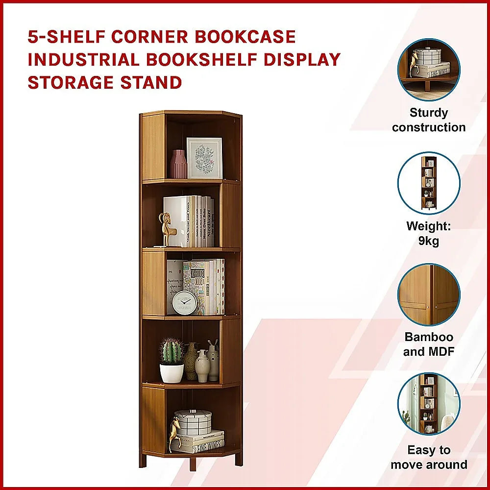5-Shelf Corner Bookcase Industrial Bookshelf Display Storage Stand - Mekamart Australia