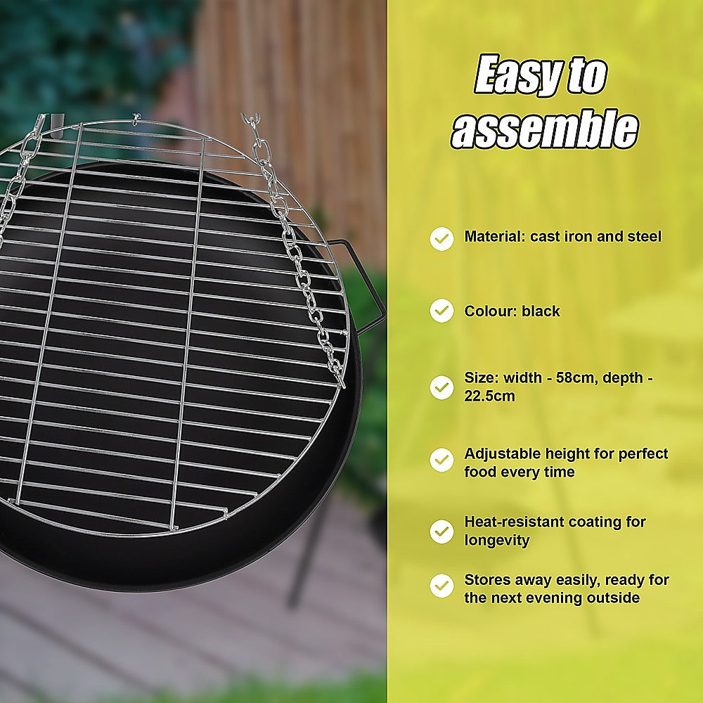 Tripod Garden Fire Pit BBQ – Cast Iron & Steel Round Outdoor Fire Bowl