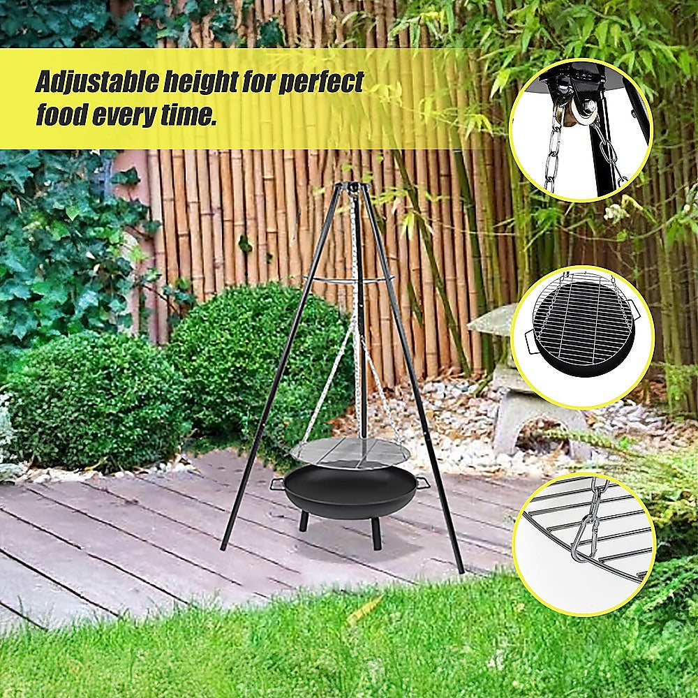 Tripod Garden Fire Pit BBQ – Cast Iron & Steel Round Outdoor Fire Bowl