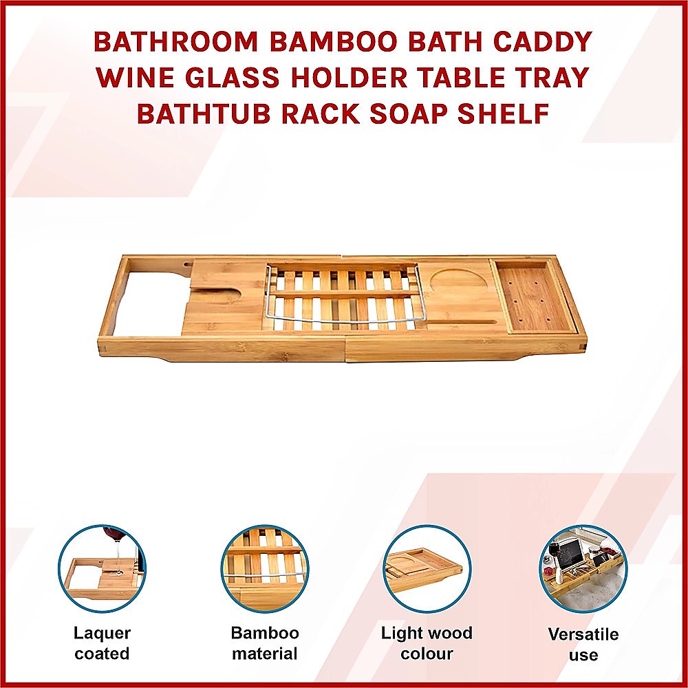 Bathroom Bamboo Bath Caddy Wine Glass Holder Table Tray Bathtub Rack Soap Shelf