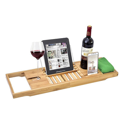 Bathroom Bamboo Bath Caddy Wine Glass Holder Table Tray Bathtub Rack Soap Shelf