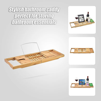 Bathroom Bamboo Bath Caddy Wine Glass Holder Table Tray Bathtub Rack Soap Shelf