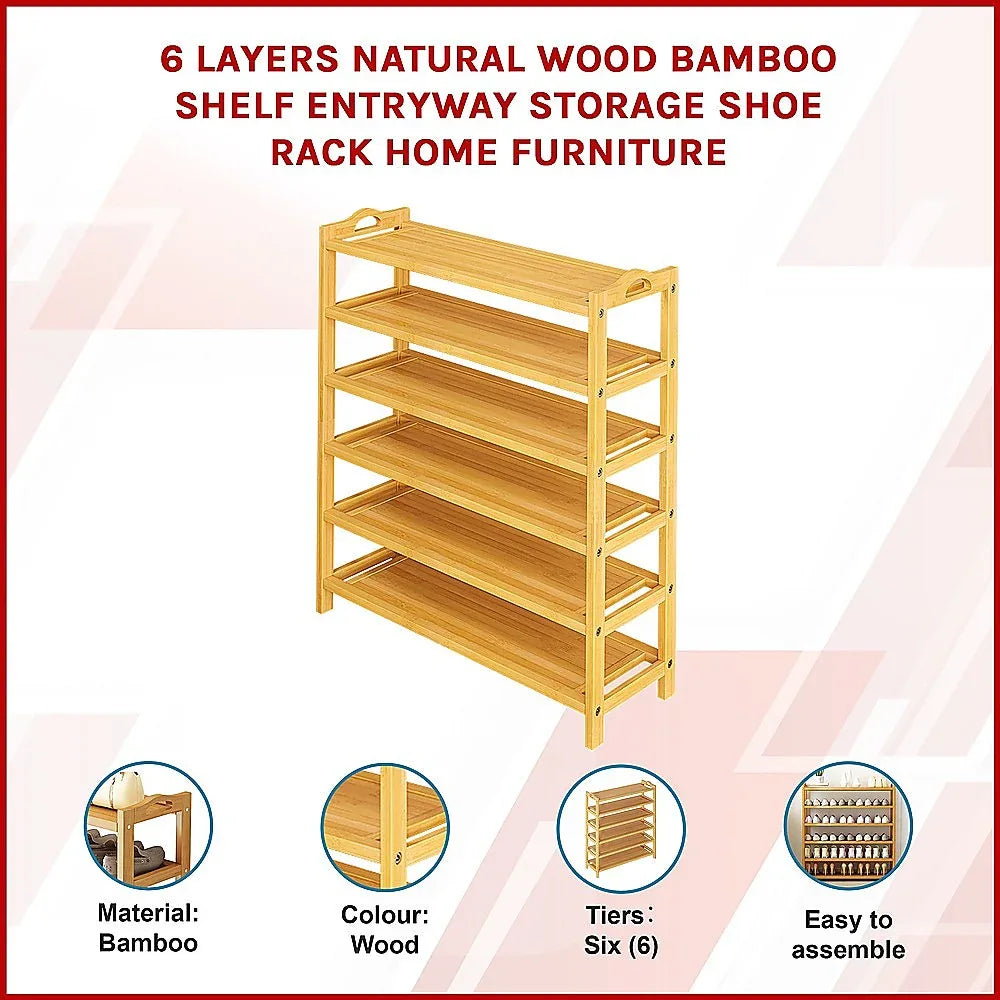 6 Layers Natural Wood Bamboo Shelf Entryway Storage Shoe Rack Home Furniture - Mekamart Australia