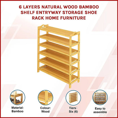6 Layers Natural Wood Bamboo Shelf Entryway Storage Shoe Rack Home Furniture - Mekamart Australia