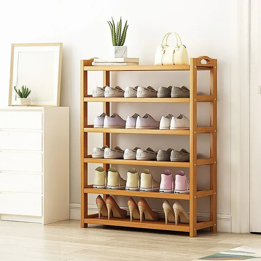 6 Layers Natural Wood Bamboo Shelf Entryway Storage Shoe Rack Home Furniture - Mekamart Australia