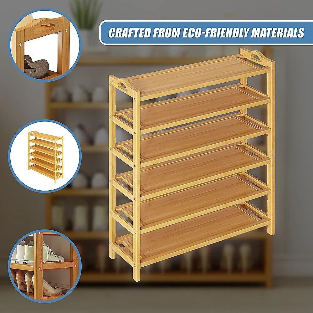 6 Layers Natural Wood Bamboo Shelf Entryway Storage Shoe Rack Home Furniture - Mekamart Australia