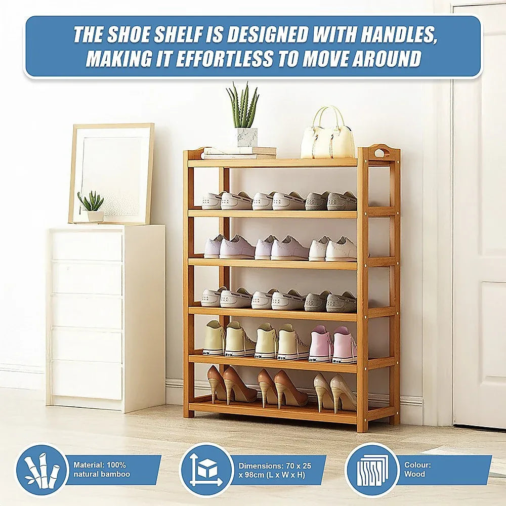 6 Layers Natural Wood Bamboo Shelf Entryway Storage Shoe Rack Home Furniture - Mekamart Australia
