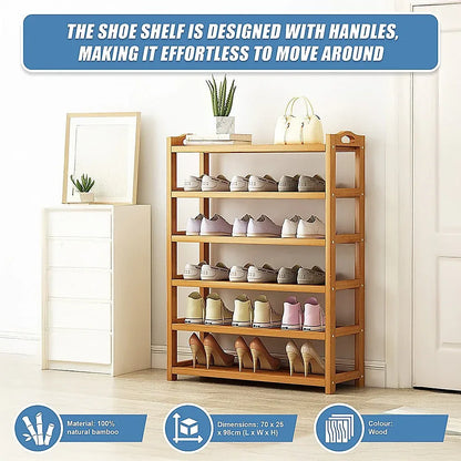 6 Layers Natural Wood Bamboo Shelf Entryway Storage Shoe Rack Home Furniture - Mekamart Australia