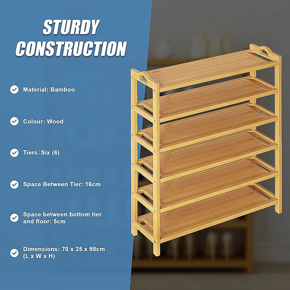 6 Layers Natural Wood Bamboo Shelf Entryway Storage Shoe Rack Home Furniture - Mekamart Australia