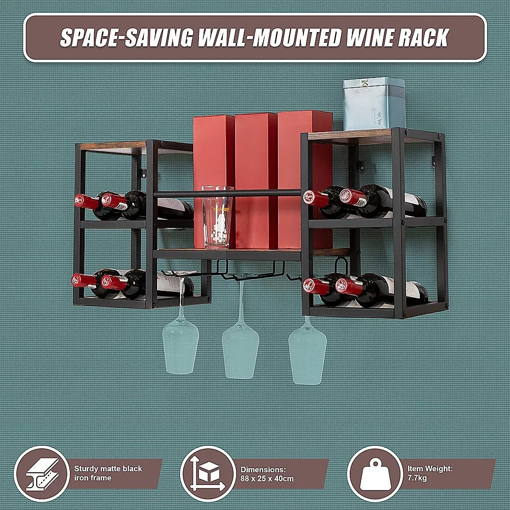Wall Mounted Wine Rack 3 Stem Glass Holder Storage Organiser - Mekamart Australia