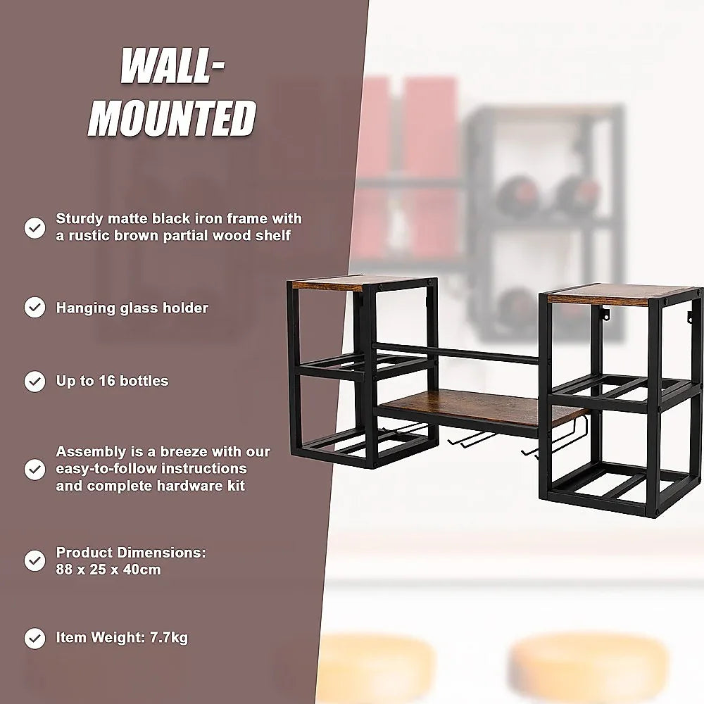 Wall Mounted Wine Rack 3 Stem Glass Holder Storage Organiser - Mekamart Australia