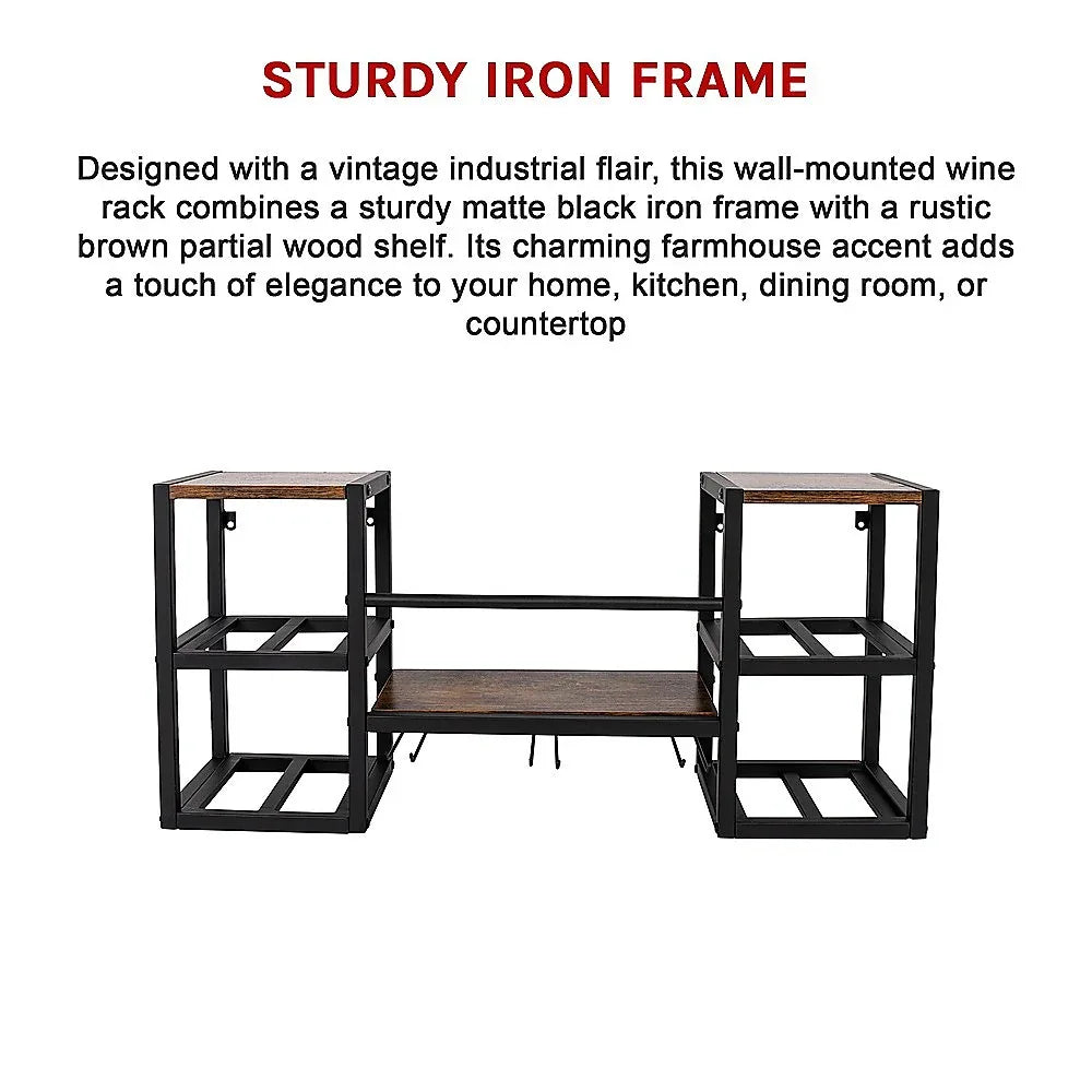 Wall Mounted Wine Rack 3 Stem Glass Holder Storage Organiser - Mekamart Australia