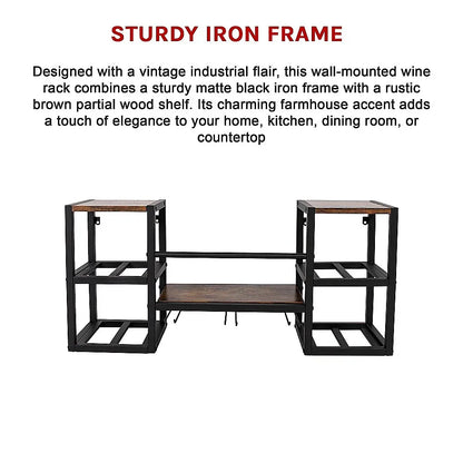 Wall Mounted Wine Rack 3 Stem Glass Holder Storage Organiser - Mekamart Australia