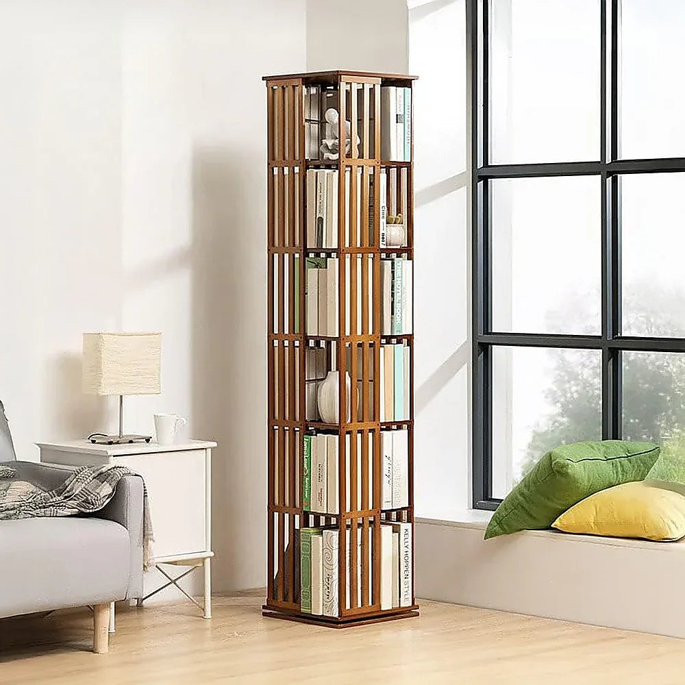 360 Rotating Bookshelf Bamboo Storage Display Rack Shelving in Dark Wood - Mekamart Australia