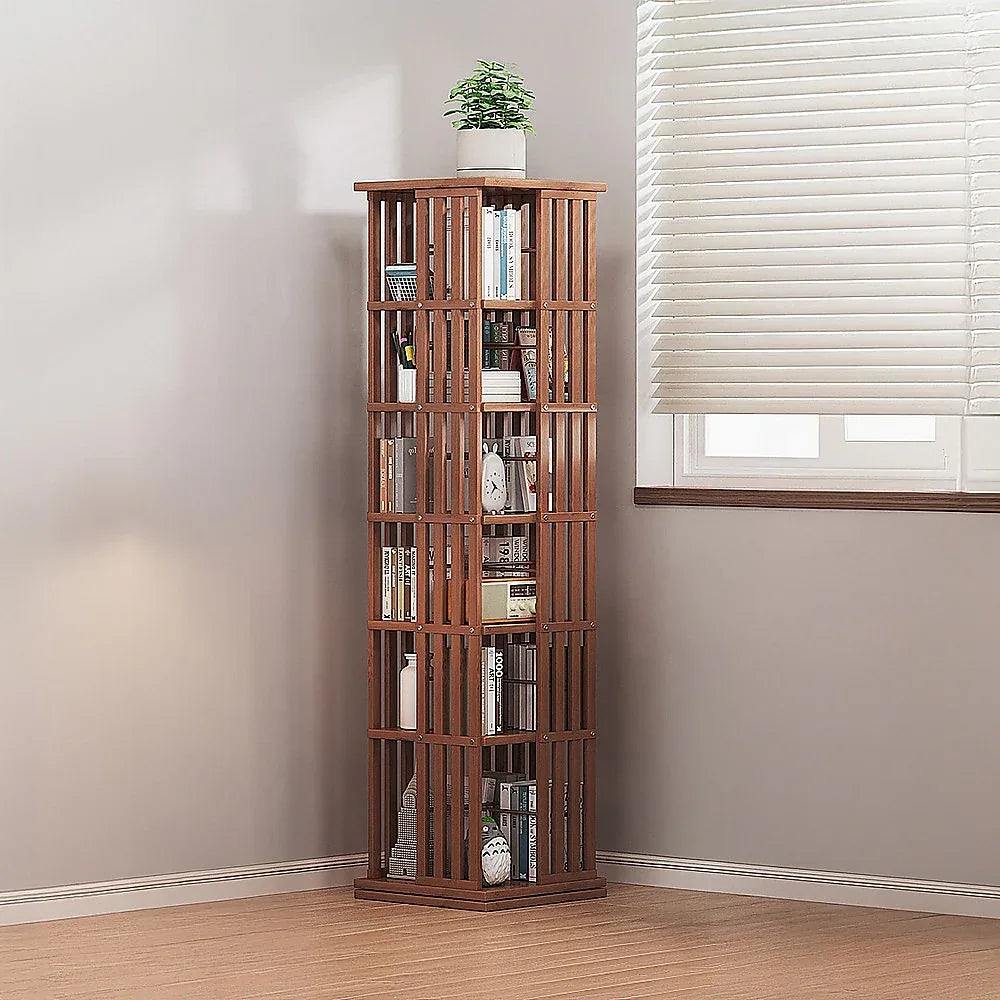 360 Rotating Bookshelf Bamboo Storage Display Rack Shelving in Dark Wood - Mekamart Australia