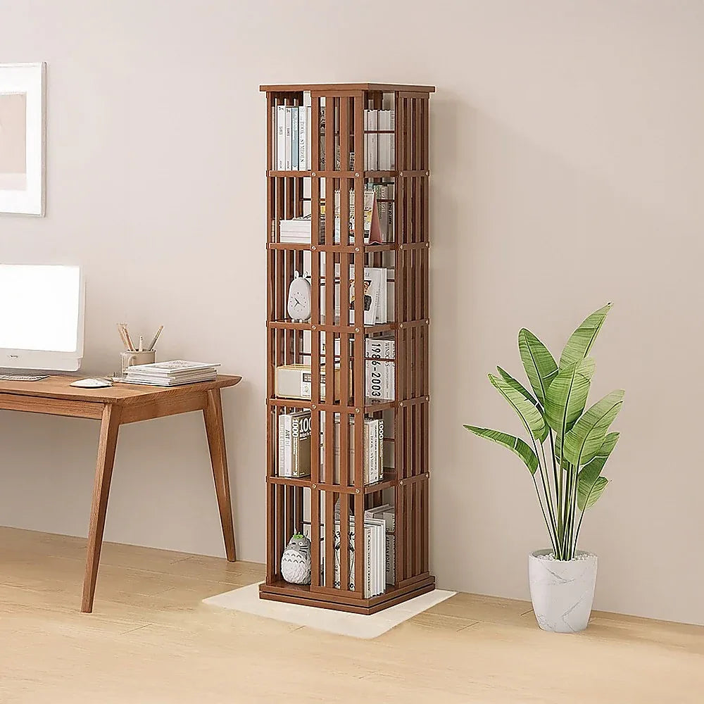 360 Rotating Bookshelf Bamboo Storage Display Rack Shelving in Dark Wood - Mekamart Australia