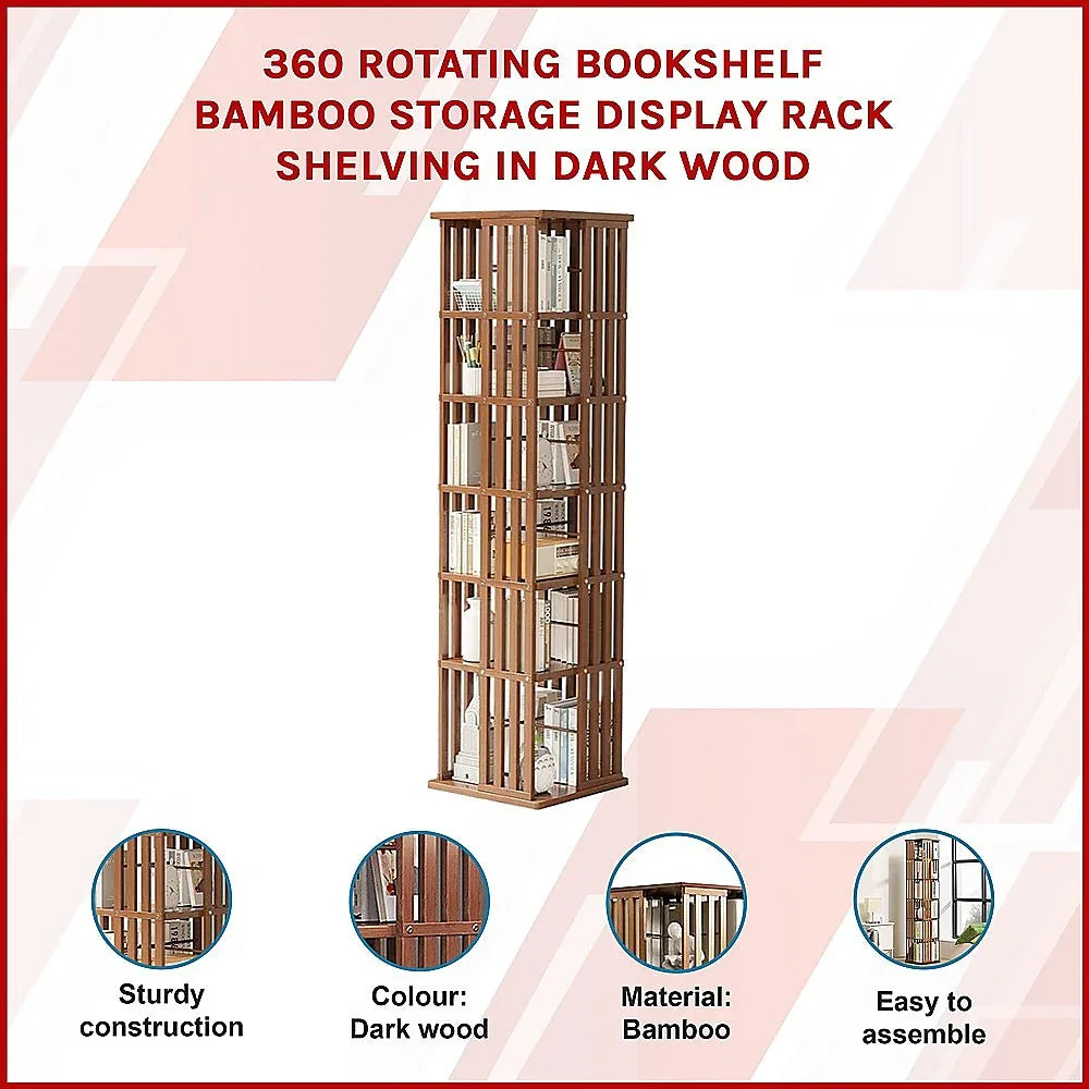 360 Rotating Bookshelf Bamboo Storage Display Rack Shelving in Dark Wood - Mekamart Australia