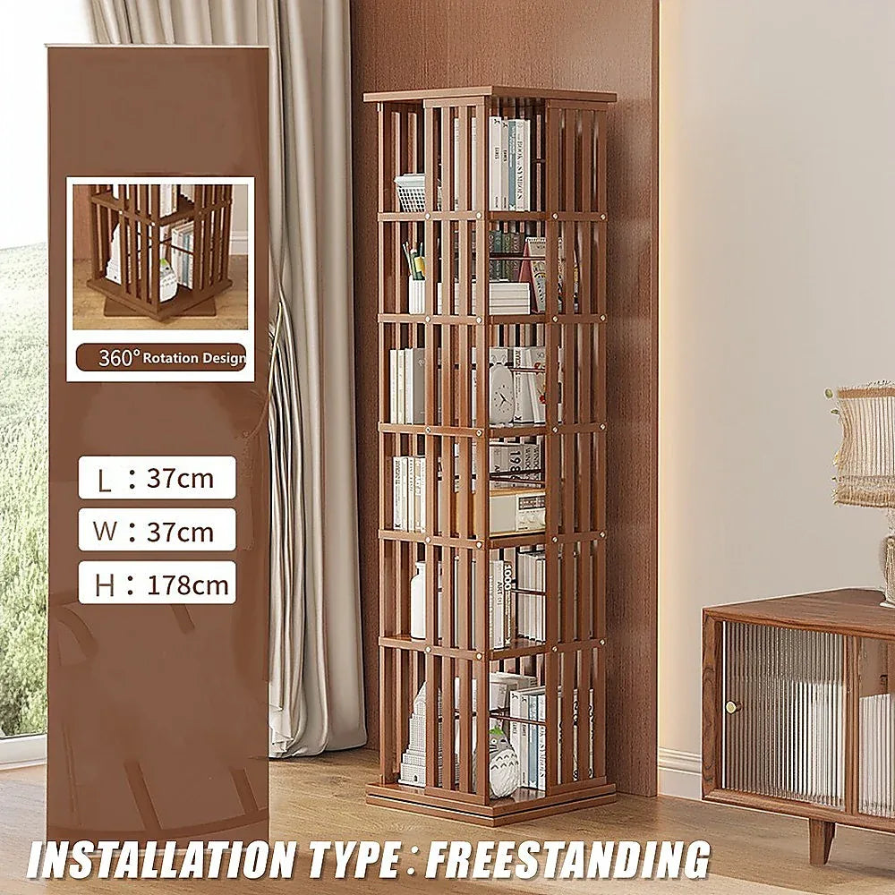 360 Rotating Bookshelf Bamboo Storage Display Rack Shelving in Dark Wood - Mekamart Australia