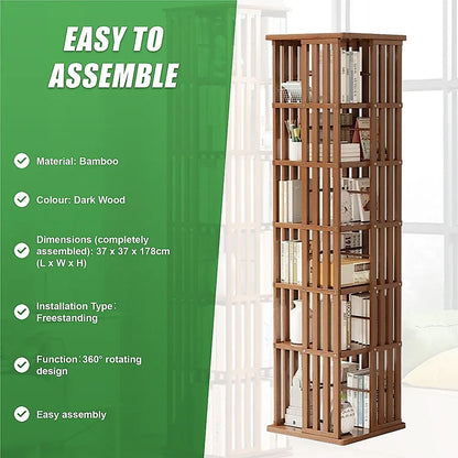 360 Rotating Bookshelf Bamboo Storage Display Rack Shelving in Dark Wood - Mekamart Australia