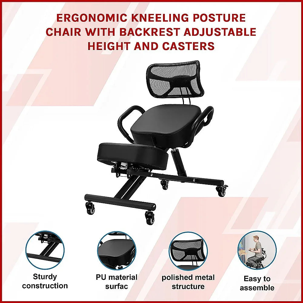 Ergonomic Kneeling Posture Chair with Backrest Adjustable Height and Casters - Mekamart Australia