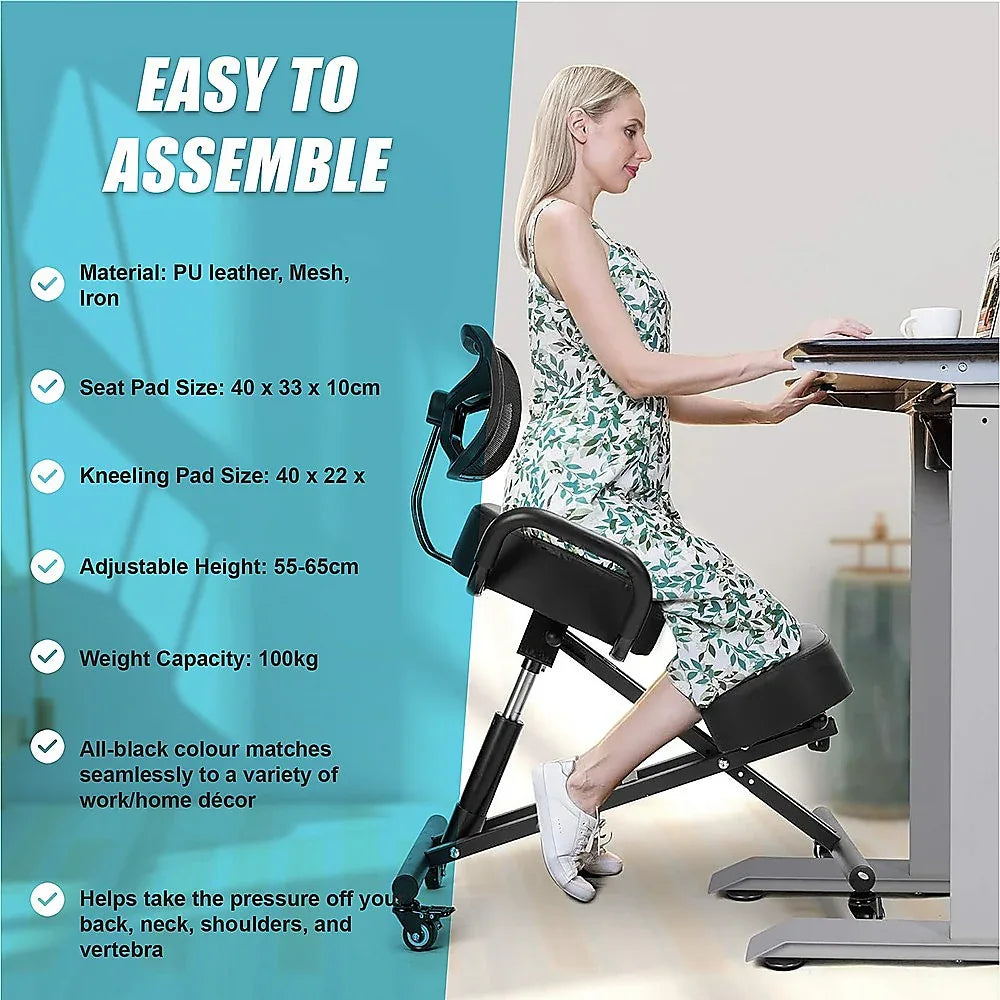 Ergonomic Kneeling Posture Chair with Backrest Adjustable Height and Casters - Mekamart Australia