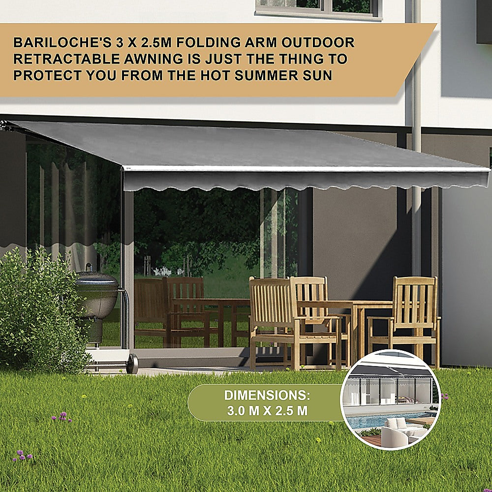 Outdoor Folding Arm Awning Retractable Sunshade Canopy Grey 3.0m x 2.5m