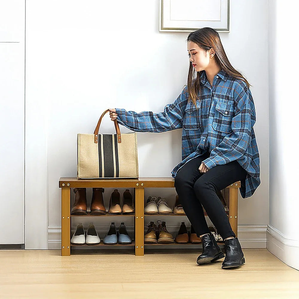 Bamboo Shoe Rack Wooden Bench Storage Organiser Cabinet Holder Stool - Mekamart Australia