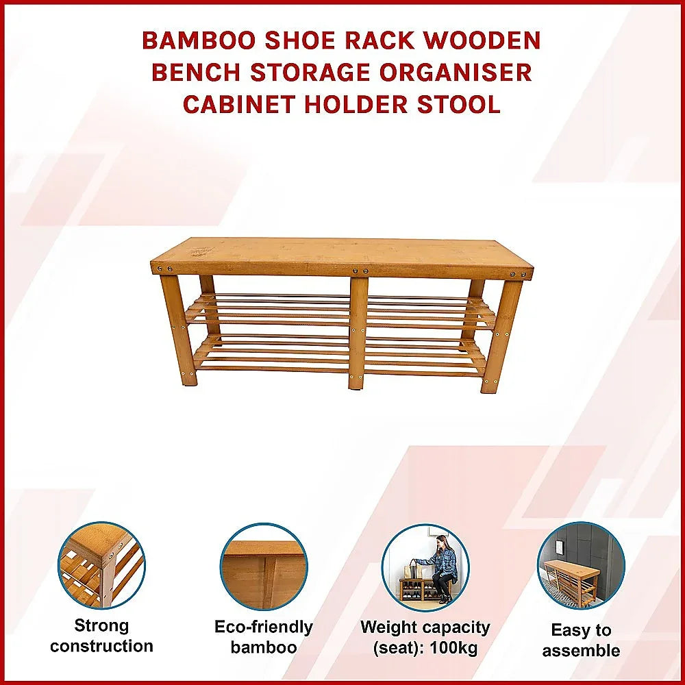 Bamboo Shoe Rack Wooden Bench Storage Organiser Cabinet Holder Stool - Mekamart Australia